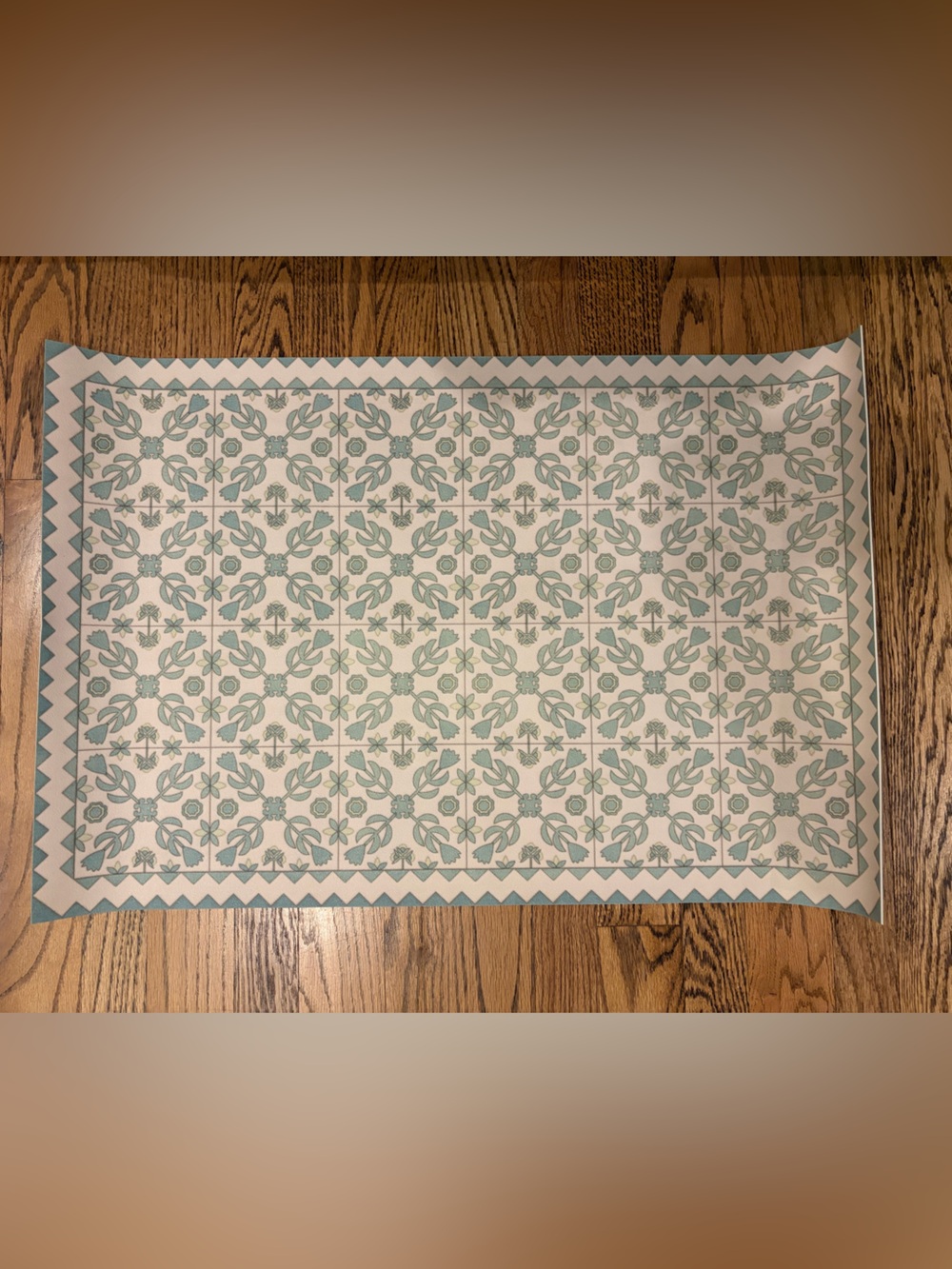 Soft Mint Green and Cream Tile-Patterned Vinyl Floor Cloth